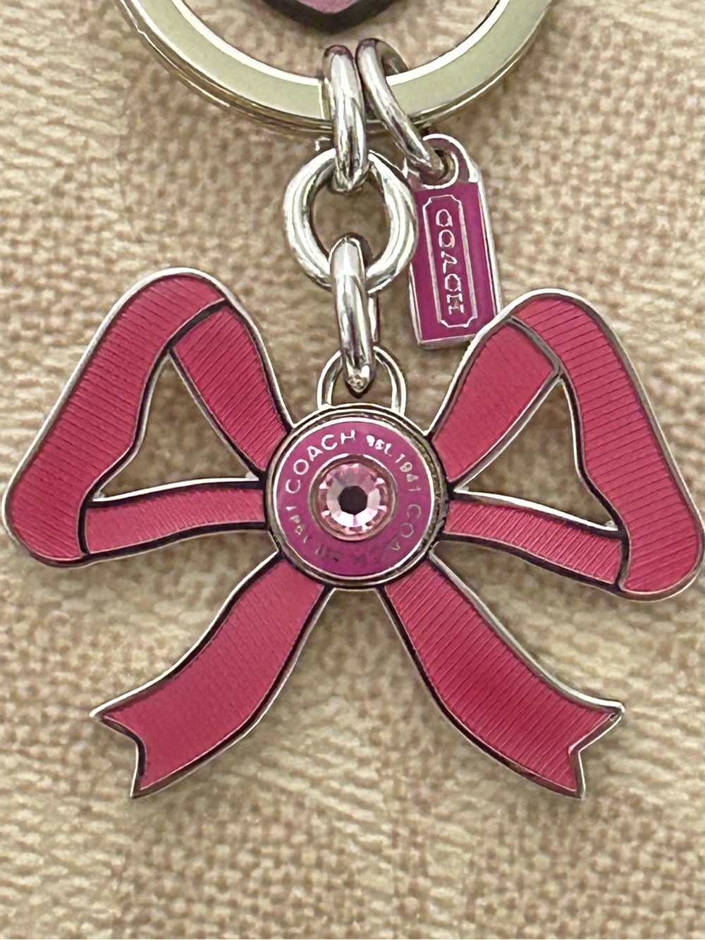 COACH Enameled Ribbon w/Pink Crystal Bag Charm Keyring